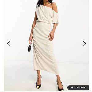 ASOS DESIGN linen fallen shoulder ruched midi dress in oatmeal
